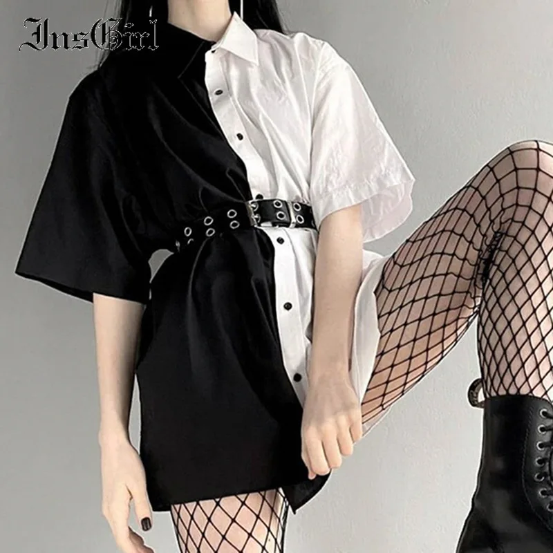 

InsGirl Harajuku Punk Shirts Women Black White Patchwork Short Sleeve Loose Top Shirts Gothic Dark Black Fashion Grunge Shirt