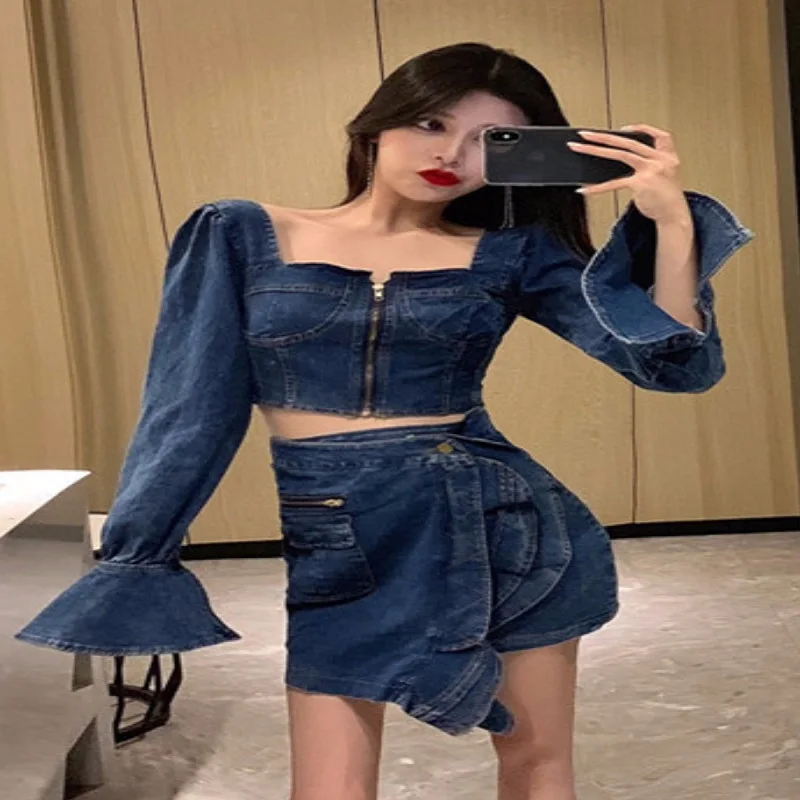 

Spring collection new style square collar trumpet sleeve short jean blouse + high waist irregular skirt set