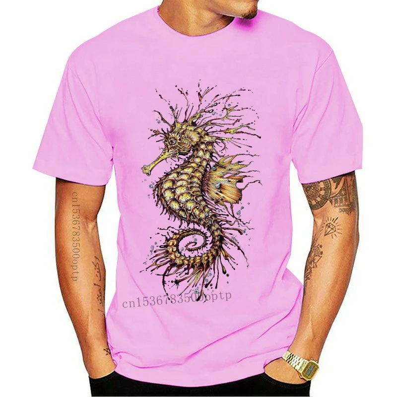 

New Fabulous Design T Shirt Men Tops & Tees White Cotton Fabric O-neck Short Sleeve Chic Seahorse Print Clothing Coupons Availab