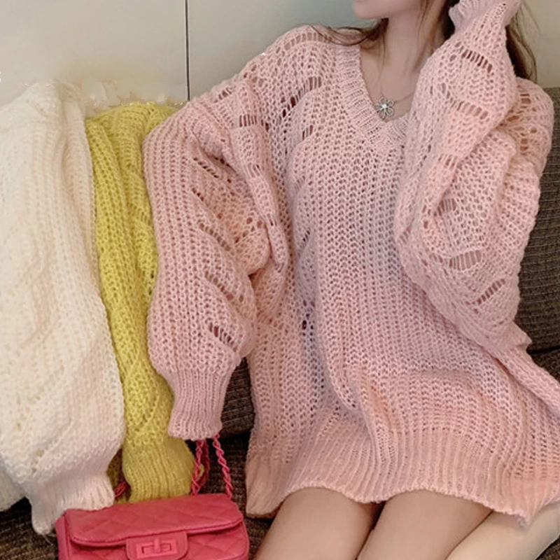 

Sweater Oversize Women Long Sleeve V-neck Hollow Out Pink Loose Casual High Street Knit Korean Tops Sweater Casual Pullovers