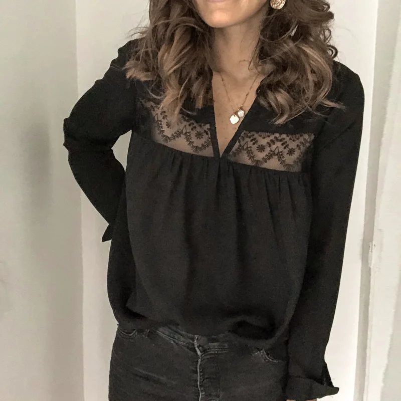 Женская кружевная блузка с V образным вырезом и длинным рукавом|Блузки| |
