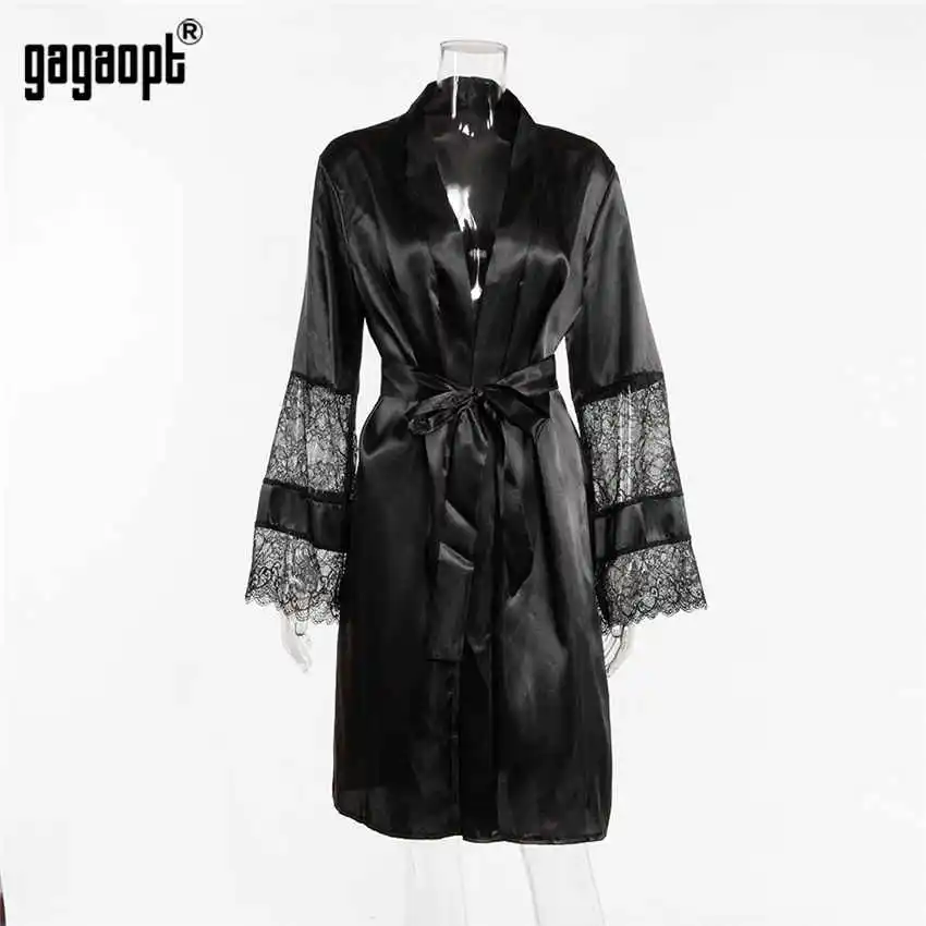 Gagaopt осенние кружевные ночные рубашки женские с длинным рукавом модные сексуальные ночные рубашки с халат с поясом - Цвет: Черный