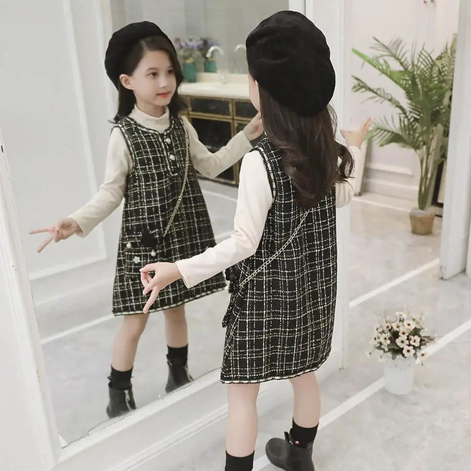 

Spring Clothes Girl Plaid Vest Dress + T-shirt 2PCS Suit For Girl Turtleneck England Girl Clothes Set Autumn Casual Kids Clothes