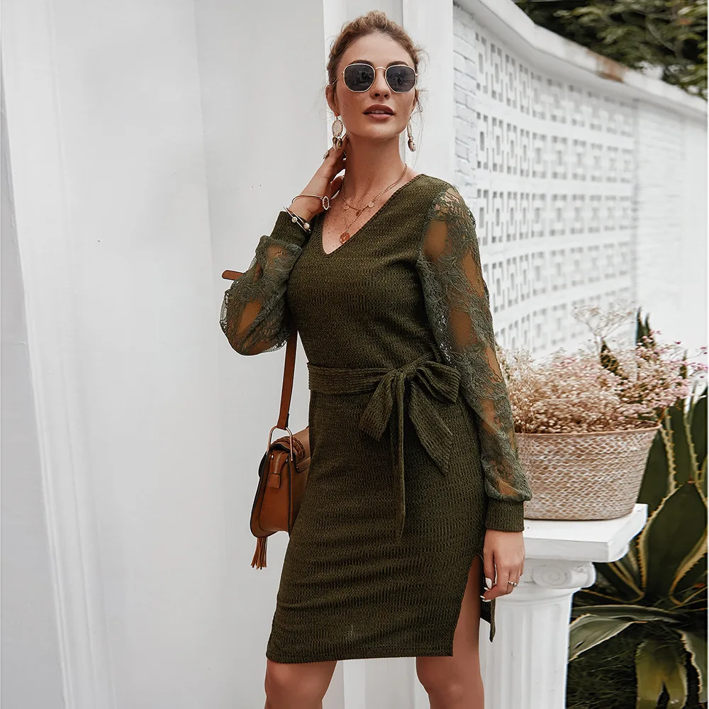 

Jelics Autumn Spring Sexy High Waist Lace Long Sleeve Pencil Dress Women Solid Bandage Knitted Mini Dress Vestidos