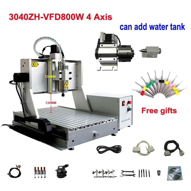 

4 Axis CNC 3040 Mini CNC Metal Milling Machine Ball Screw 800W Spindle 3D Engraving Machine with 130mm Z-Axis Stroke