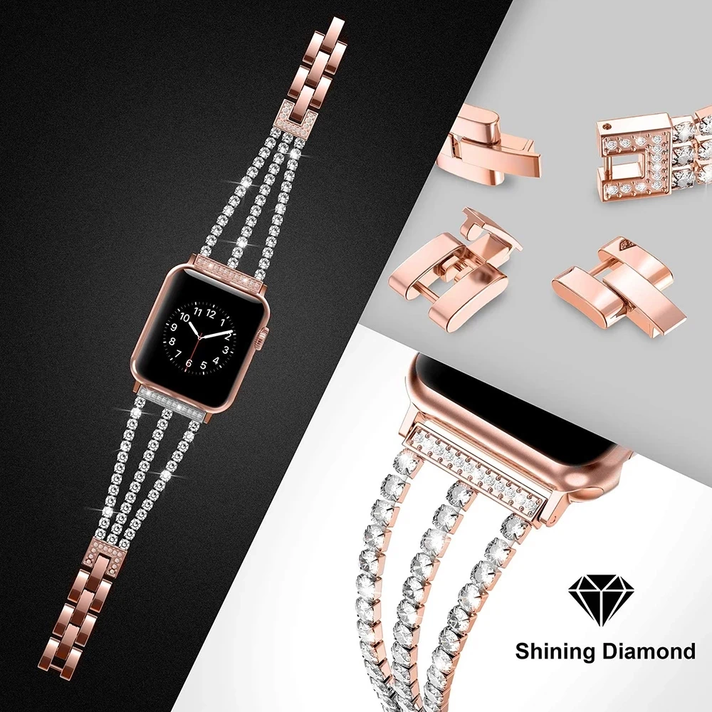 Woman Watchband for Apple Watch Bands 38mm 42mm Bracelet Replacement iWatch Series SE 6 5 4 40mm 44mm Strap Bling Rose-Gold