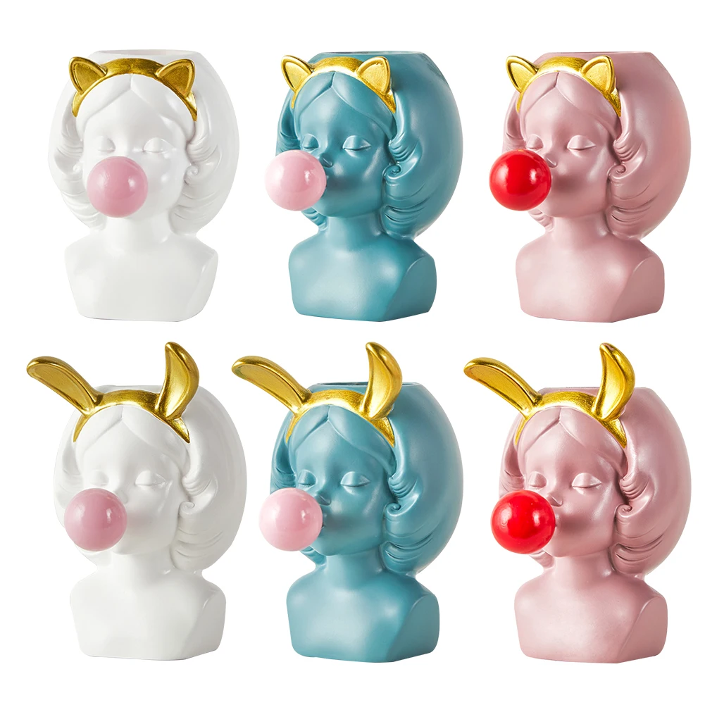 

Resin Vase Cute Girl Bubble Gum Figurine Decorative Succulent Plant Flower Pot Modern Home Decor Pen Holder Gifts