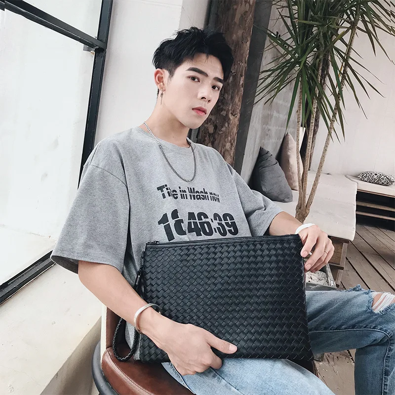 

Men's Handbag Famous Brand Designer Woven Cluth Purse Hand Bag for Men Luxury Envelope Bag Leather Zipper A4 Documents Hand Bags