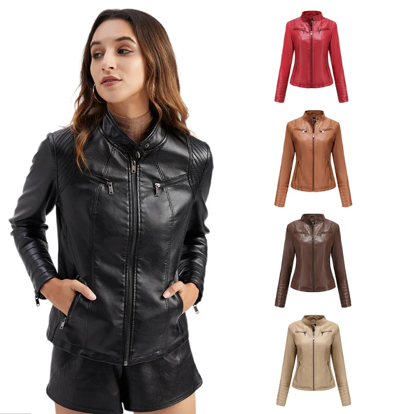 

Rivet Moto & Biker faux leather jacket women Turn-down Collar black pink punk gothic pu coat