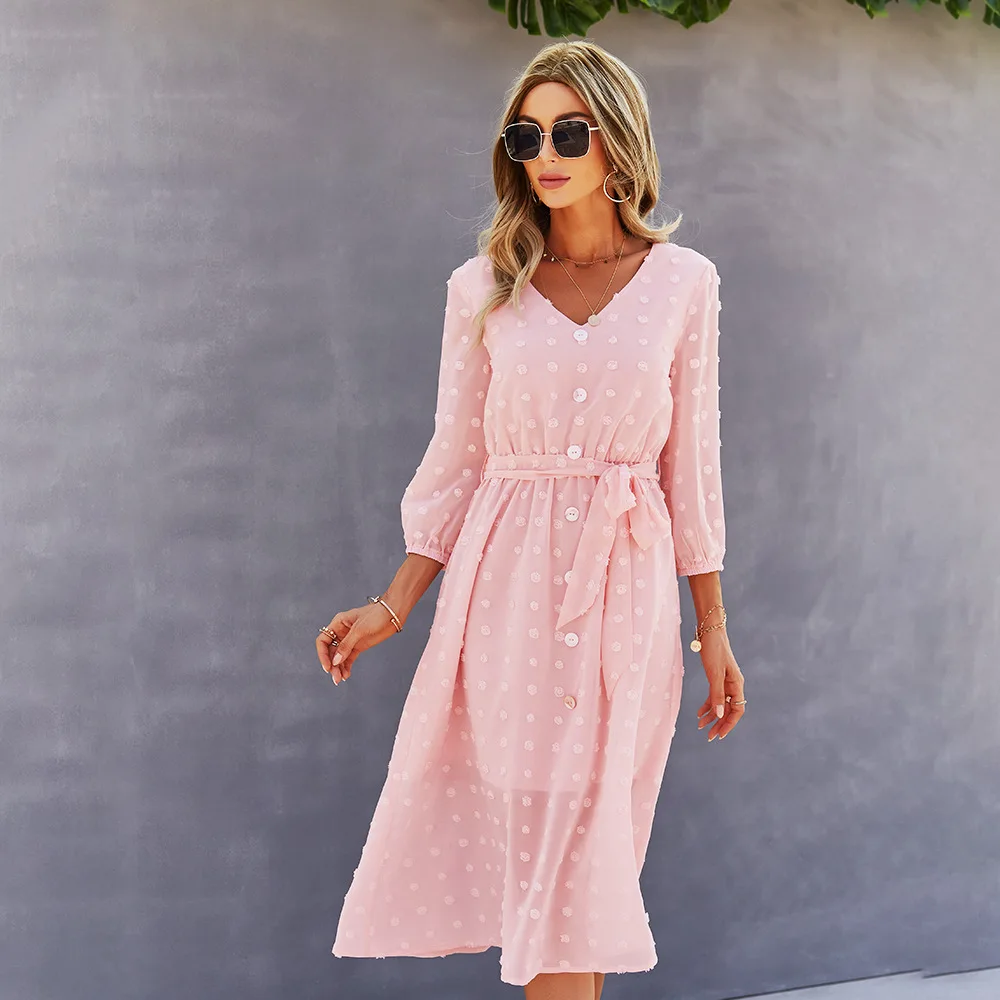 

Sweet Summer Pink Elegant V Neck Long Sleeve Ladies Long Dress Fashion Casual Button Women Midi Holiday Party Dresses 2021