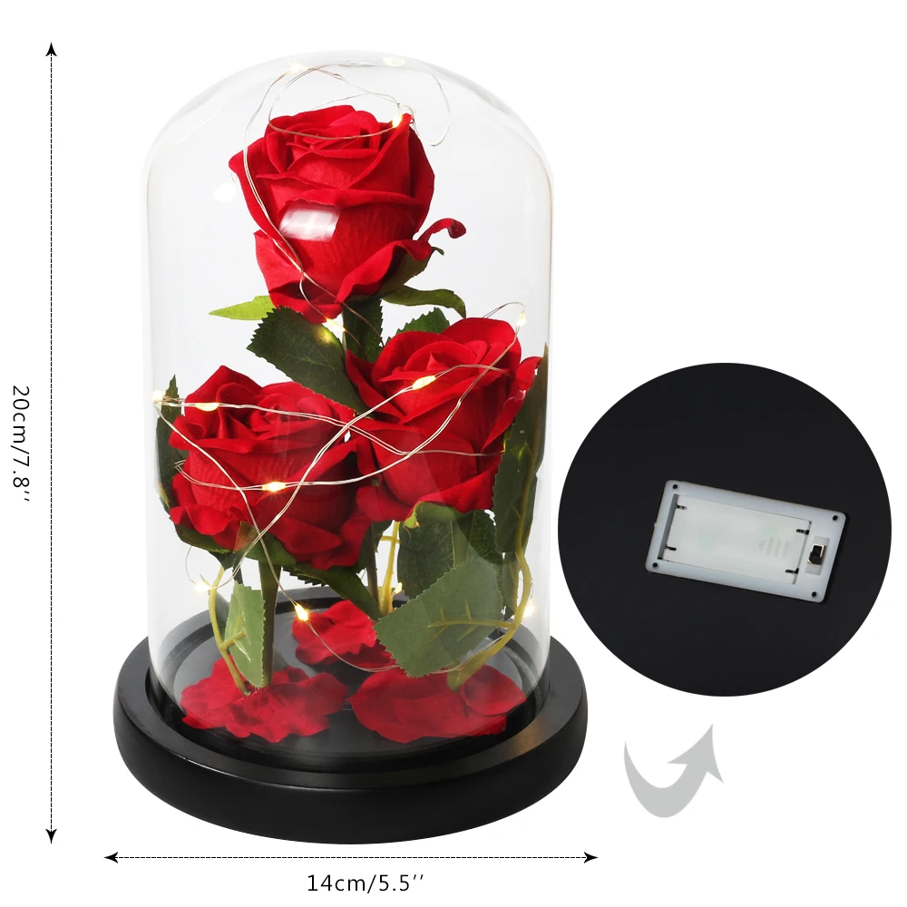 

Hot Beauty And The Beast Red Rose Artificial Flower In Glass Dome Home Decorate Valentine's Day Gifts Christmas LED Rose Lamps