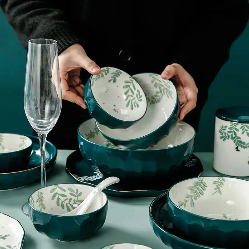 Набор посуды из керамики с зелеными растениями тарелка для торта Салатница