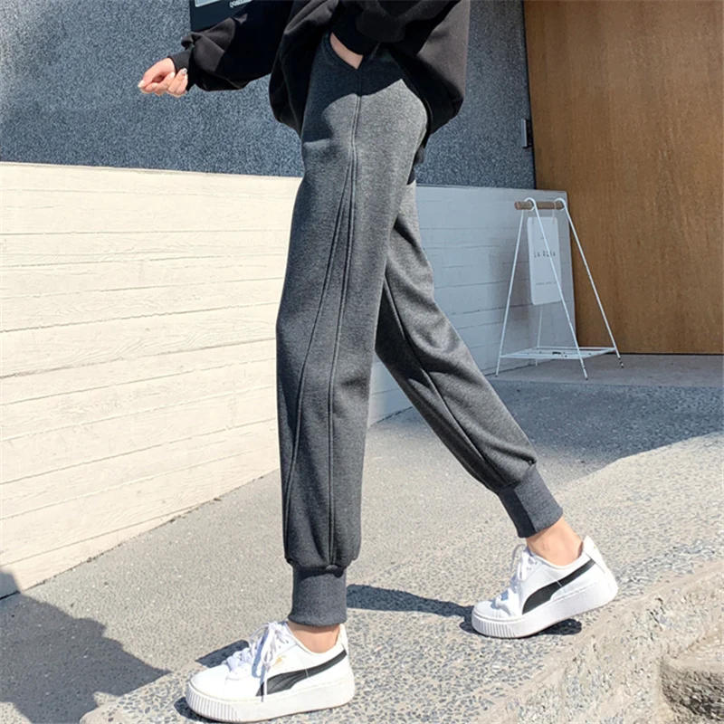 

Женские спортивные брюки в стиле Харадзюку, осенне-зимние прямые универсальные свободные брюки с флисовой подкладкой и высокой талией