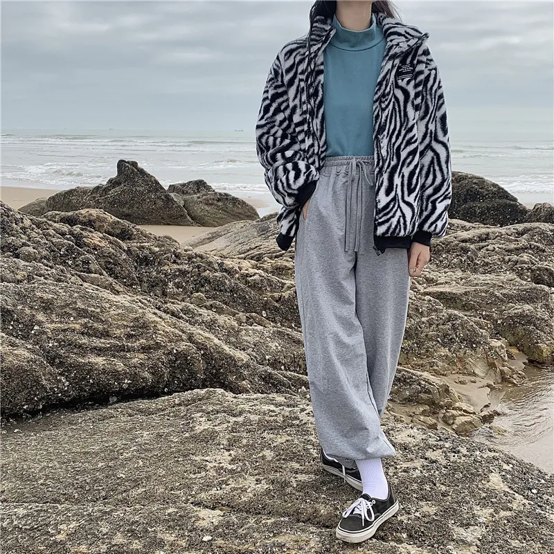 PERHAPS U Women White Black Faux Fur Jacket Outwear Zipper Warm Thick Zebra C0462