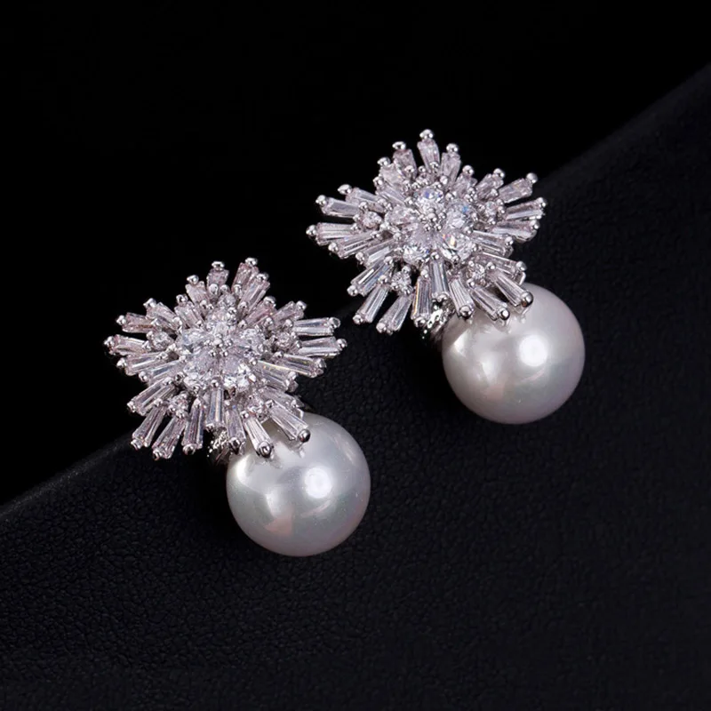 

earring clips no pierced ear clips AAA cubic zirconia and white pearl fashion big earrings wedding bridal dress