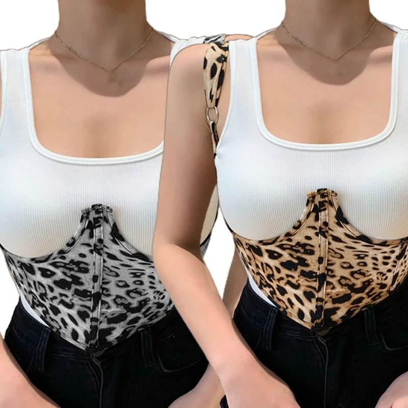 

Women's Sexy Leopard Bustier Tops Slim Patchwork Corsets Backless Chest Support Vest with Straps for Summer