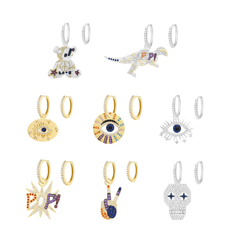 Top Quality New Fashion Eye Skull Dinosaur Asymmetry Hoop Earrings for Women Wedding Zirconia Jewelry