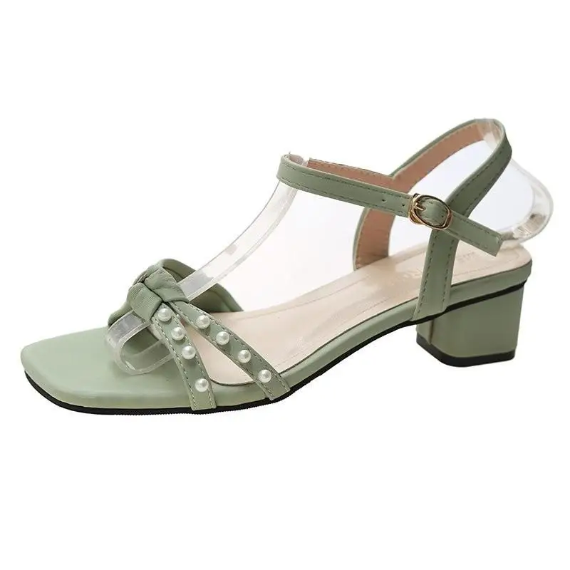

Patchwork bowknot pearl sweet sandalias open toe chunky high heels roman women sandals buckle beads sandale student shoes
