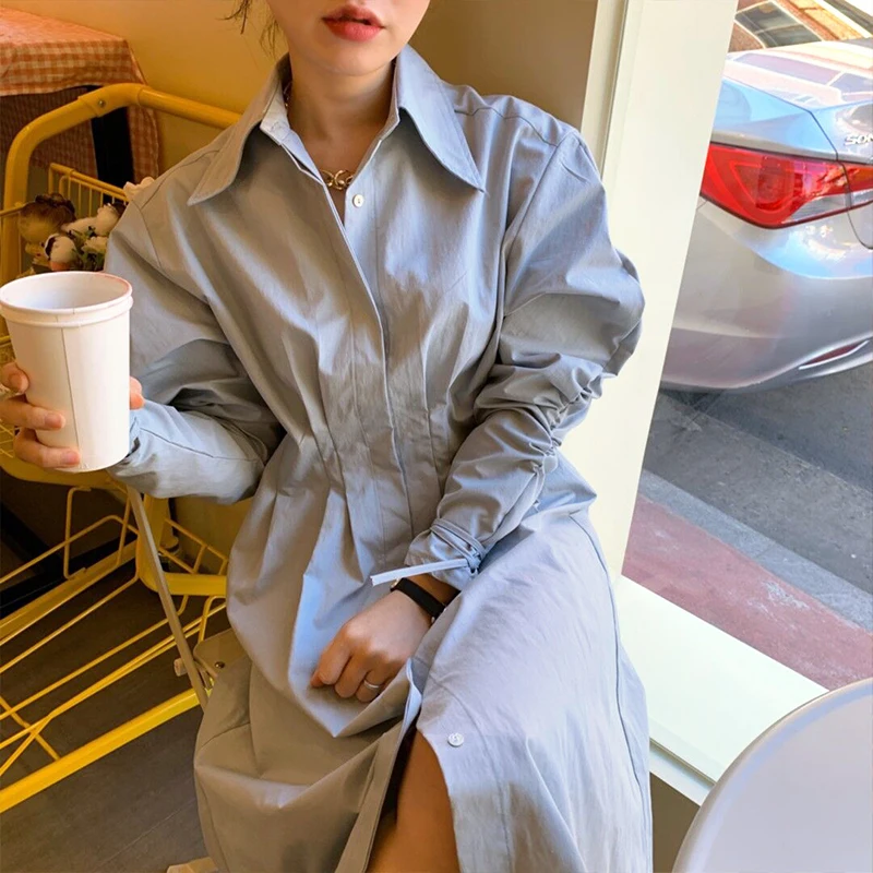 Женское платье с отложным воротником [EWQ] Элегантное Длинное Платье-рубашка