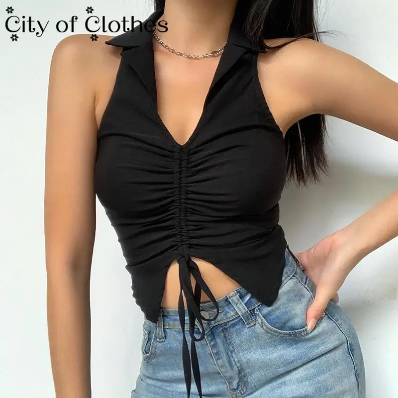

2021 Deep V-Neck Sexy Sleeveless Tank Top Women Summer Crop Tops Ruched Drawstring Black Fashion Skinny Elastic Club Streetwear