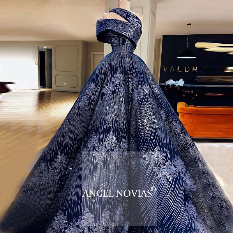 

AngelNovias Long Blue Ball Gown Arabic Evening Dress 2020 Elegant Lace Abendkleider Celebrity Prom Gown