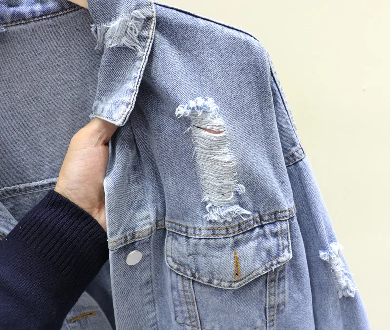 

Women New Spring Plus size Denim Jacket Autumn Loose Korean-Style Personality Heavy Industry Ripped BF Jacket Jeans Coat Student