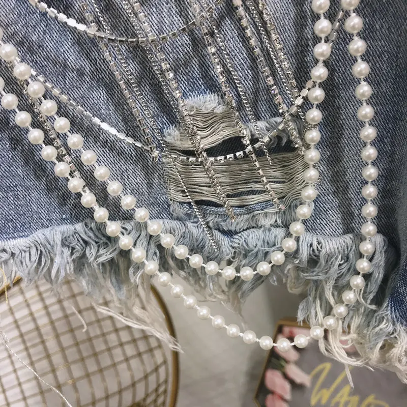 

Denim Shorts Summer Wear New Style Ozhouzhan Industrial Jeans Women's Tassels Pearl Pendant Furry-Trim A- line Loose Pants