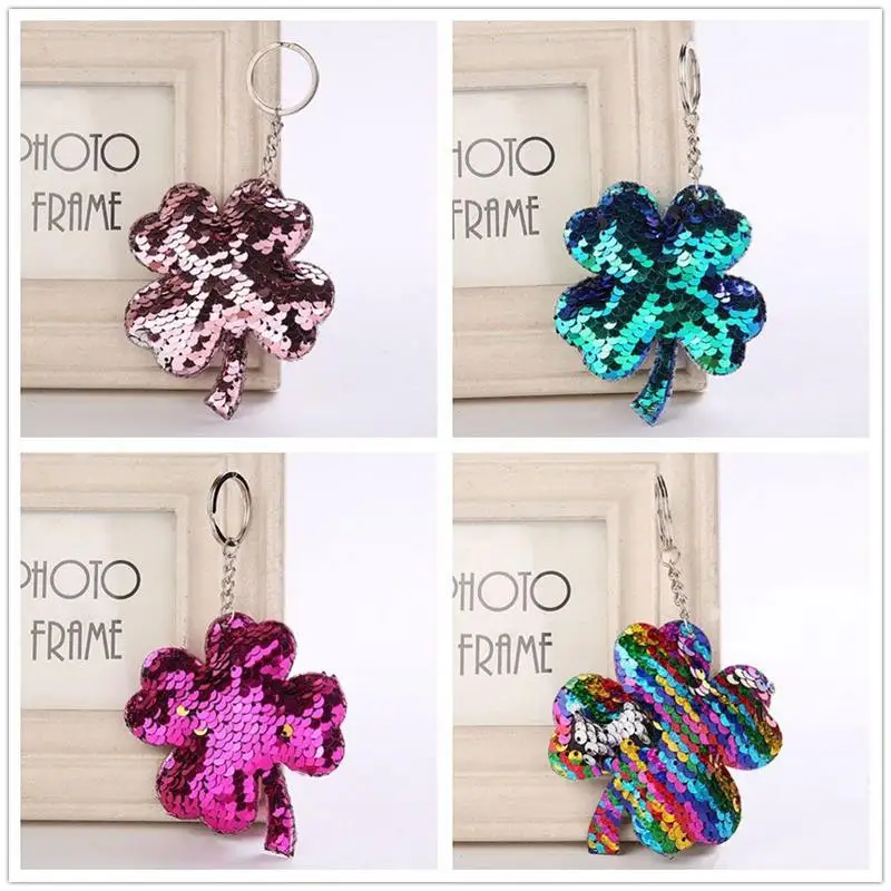 

Four Leaf Clover Key Ring Keychain Glitter Pompom Sequins Key Chain Gift For Women Car Bag Accessories Charm Gift