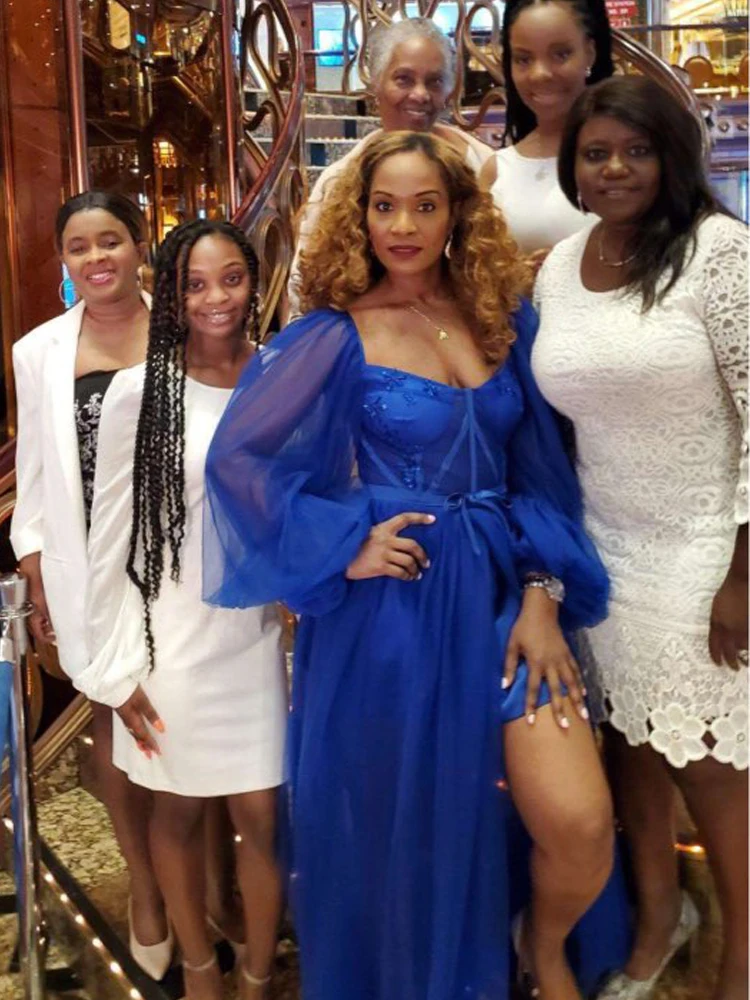 Синие платья LORIE для выпускного вечера Длинные Пышные Рукава тюлевые с открытой