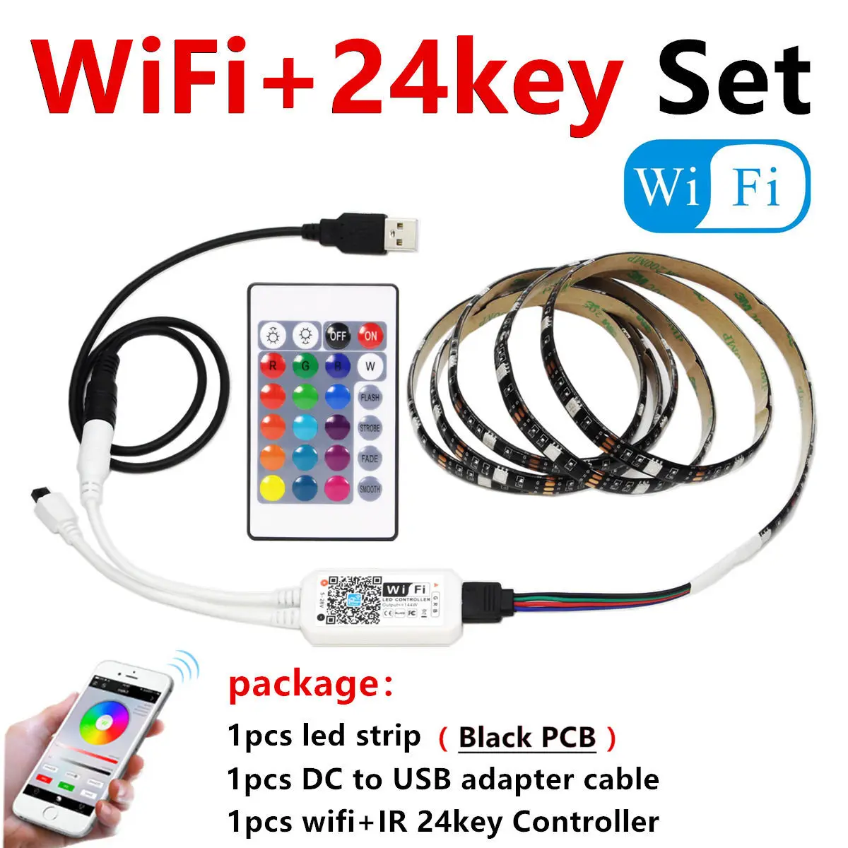 Black PCB wifi Set USB RGB Светодиодные ленты Водонепроницаемый 5V 5050 SMD RGB USB Светодиодные ленты светильник с регулируемой яркостью, лента светодиодный светильник 17key 44Key/24key Добавить Wi-Fi - Испускаемый цвет: Black PCB wifi Set