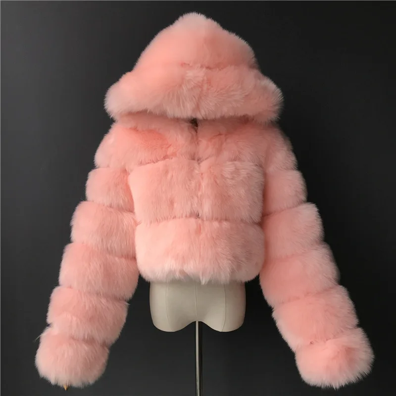 

Warm Thick New Winter Women Hooded Faux Fur Crop Jacket Furry Cropped Teddy Coats Manteau Jackets Fluffy Top Coat Plue Size 6XL