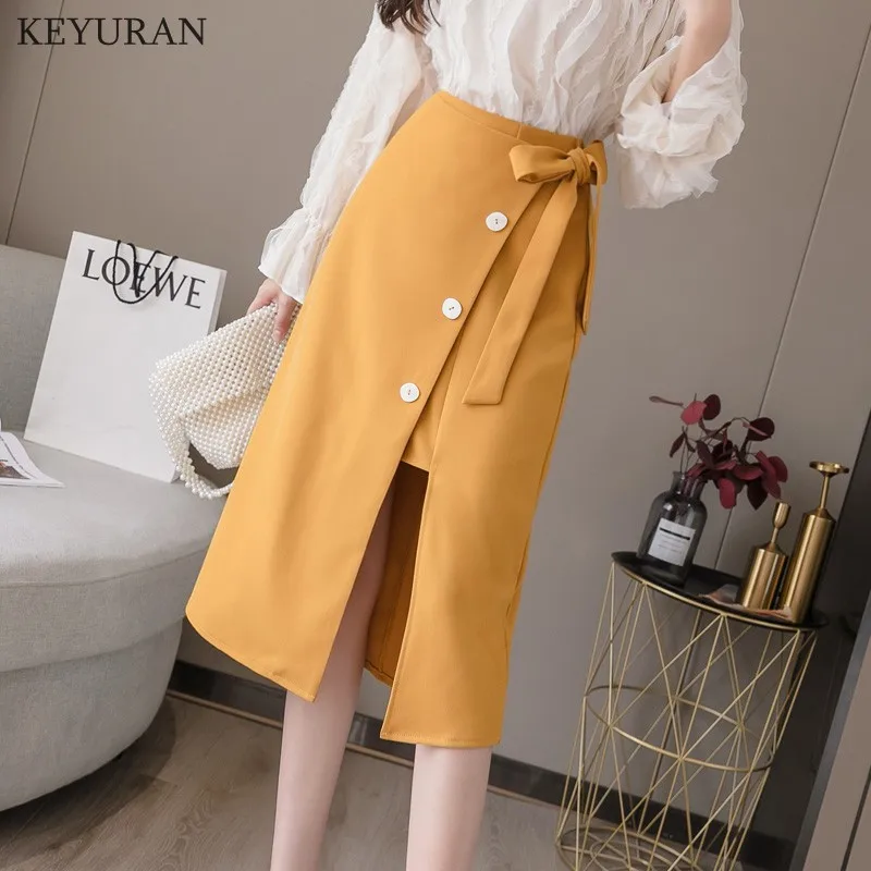 

2022 Summer One-piece High-waisted Long Skirt Sashes Wrap Skirts Lace up Midi Skirt with Slit Korean Office Lady Work Wear Falda
