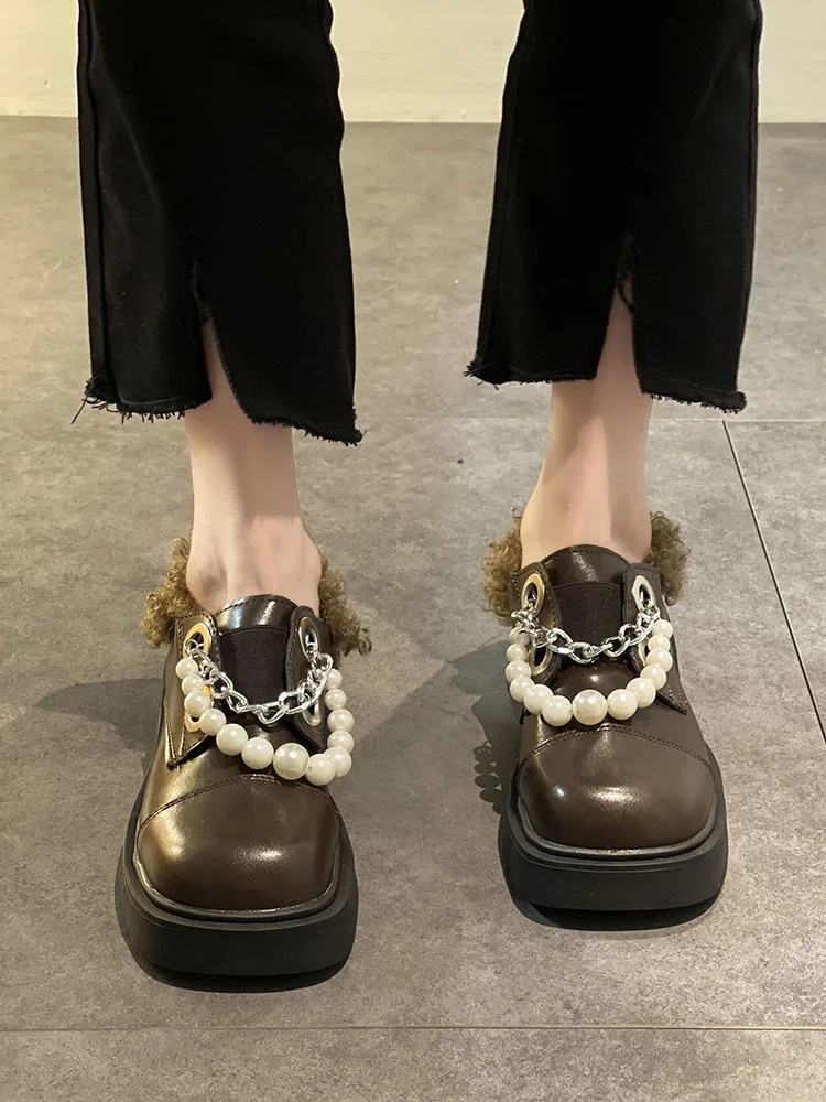 

Women's Shoes Single Shoes 2021 New Style winter and Autumn Chain Square Toe Thick Heel Fashion Platform Leather Shoes