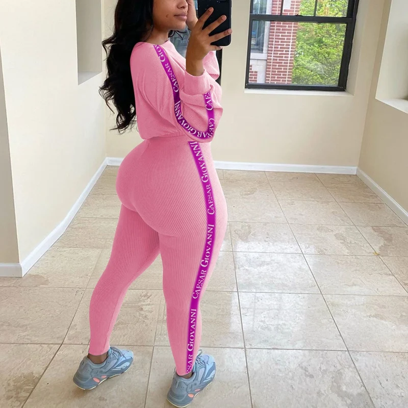 

Ribbed Knitted 2 Two Piece Set Women Long Sleeve Crop Top Tracksuit