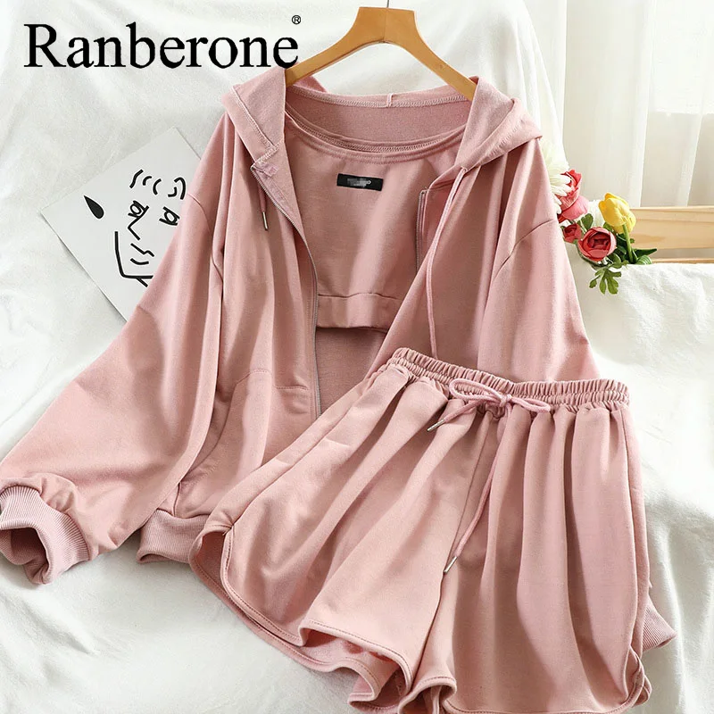 

Ranberone Spring Autumn Casual Matching Sets Women Three-Piece Sports Suit Short Vest Hooded Sweater Shorts Casual Women's Suit
