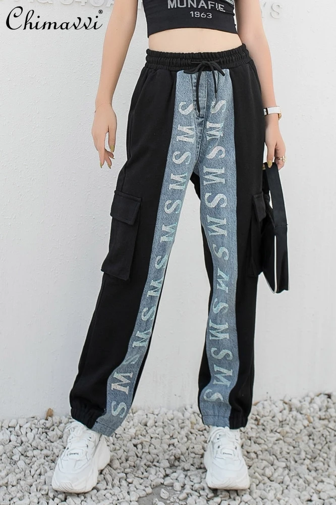 

2021 Spring and Autumn New Fashion Sports Pants Female Straight Color Matching Rhinestone Letters Casual Pants Women