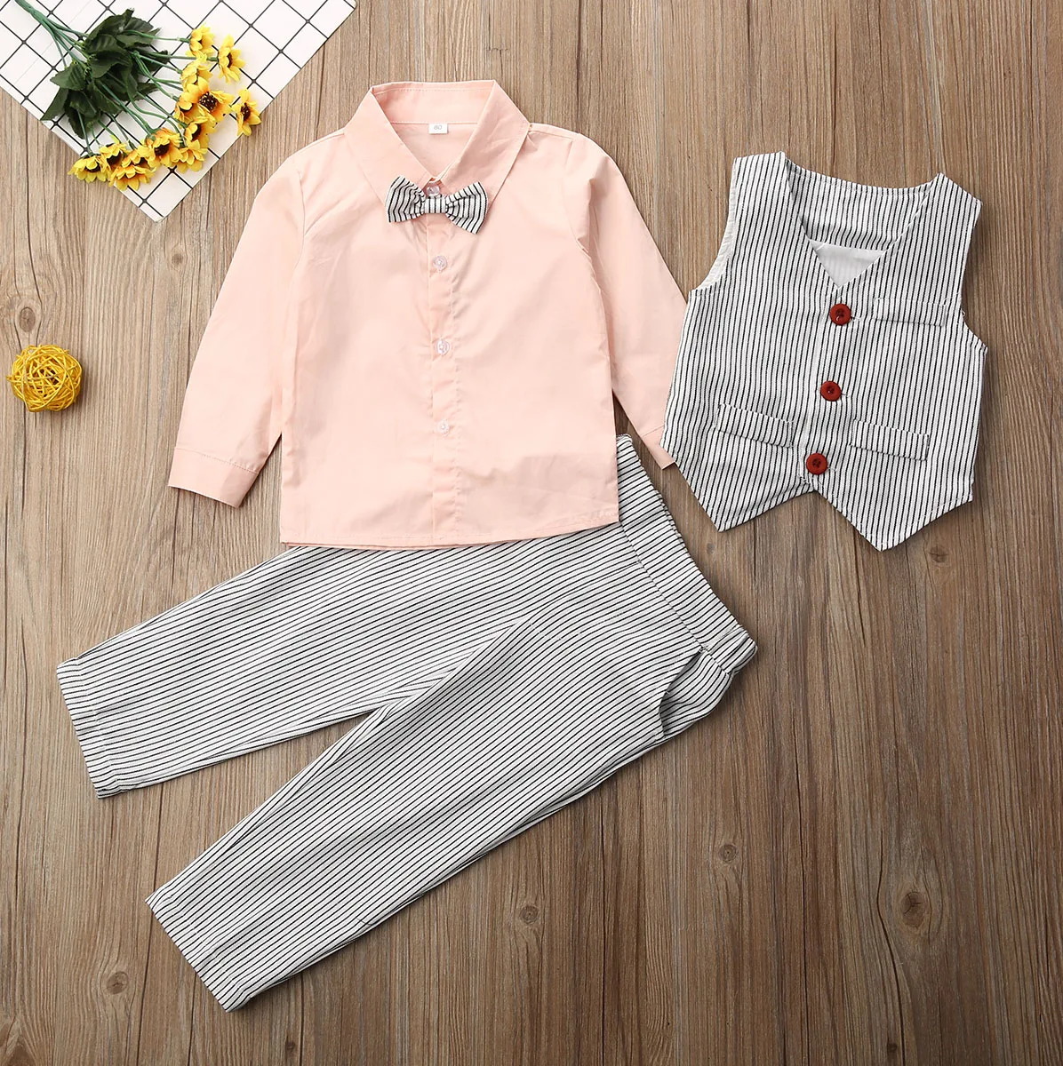 

1-7Y Infant Baby Boy Clothes Sets 3pcs Party Bow Tie Suit Toddler Gentleman Tops Pant Stripe Clothes Outfit