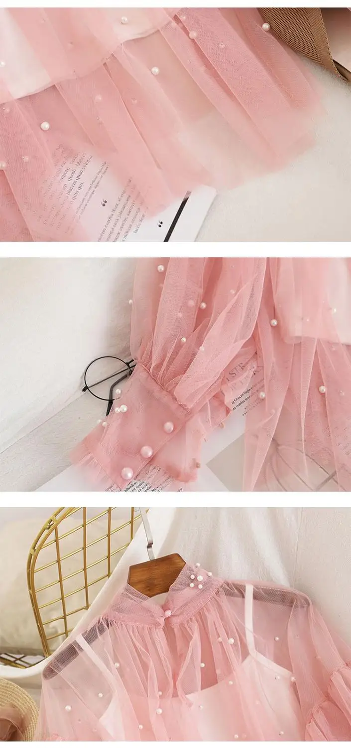 2020 Новая модная Осенняя Женская милая блуза с рукавами-пузырьками и жемчужинами