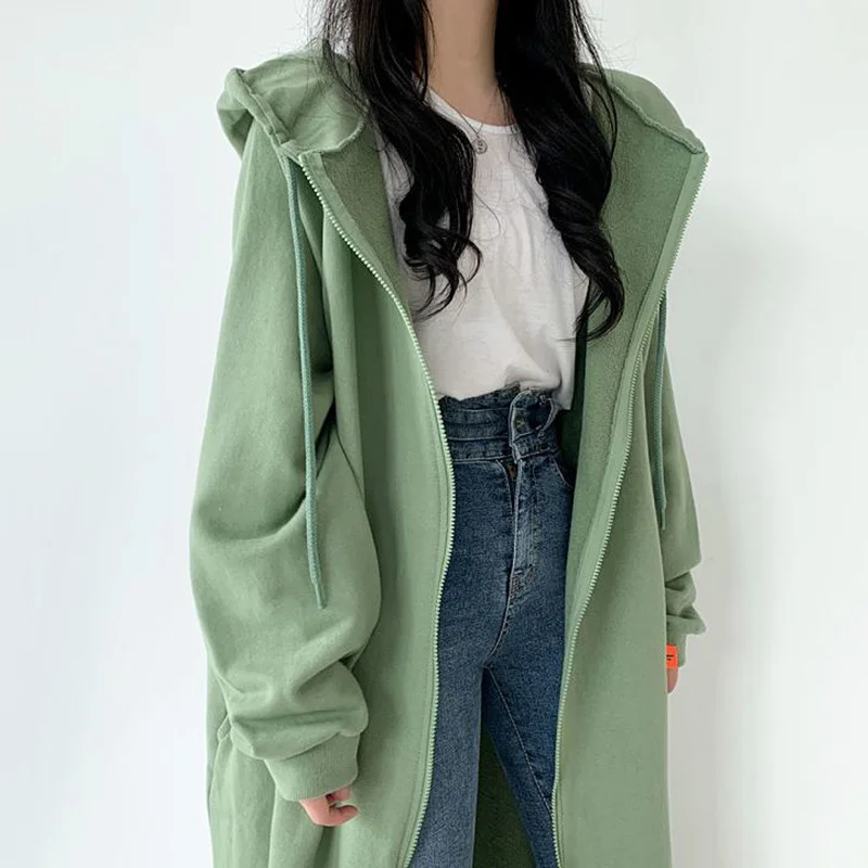 

Корейские женские толстовки, пальто с капюшоном, дизайнерский Свободный Повседневный свитер средней длины на молнии с кулиской, Женская ку...