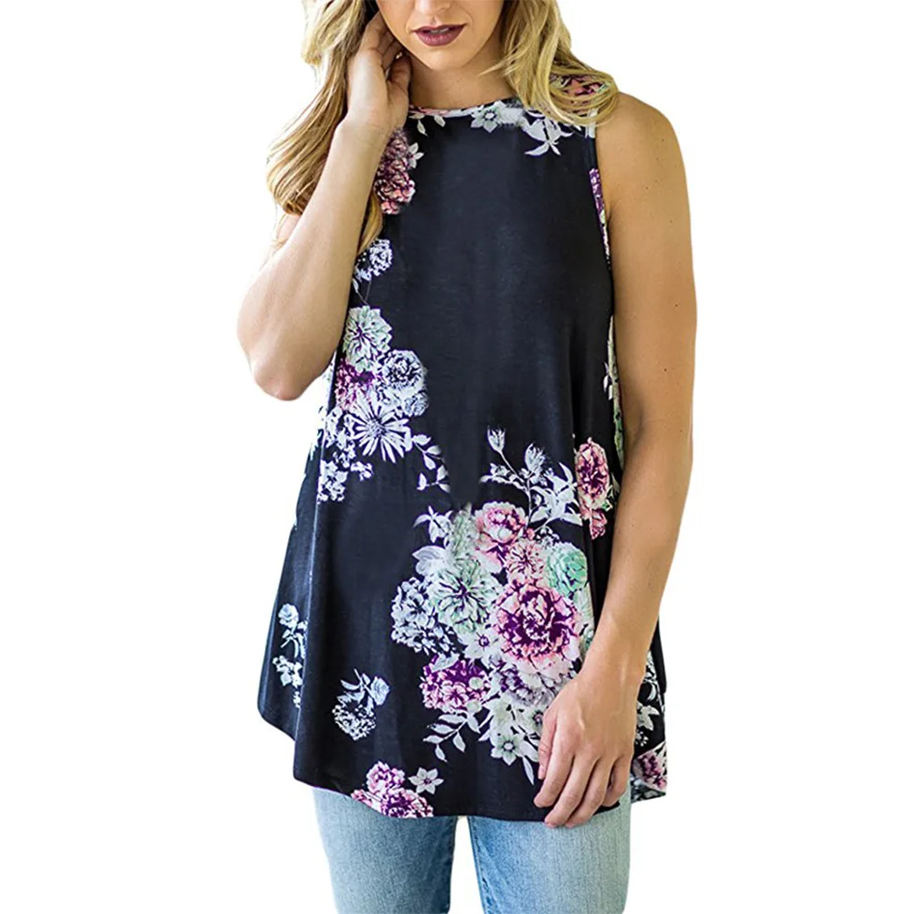 

Summer new women's fashion printed round neck sleeveless T-shirt top