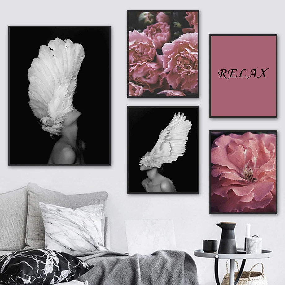 

Художественная картина с розовыми цветами, плакаты с перьями для женщин, расслабляющая цитата, настенные принты, Скандинавская картина, мин...