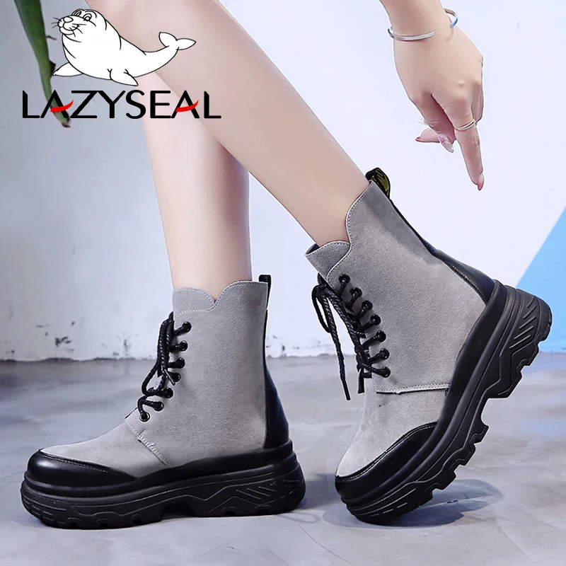 Сапоги LazySeal женские из нубука на платформе толстая подошва шнуровка круглый