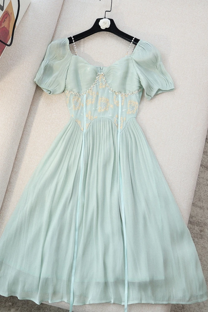 

Summer 2021 Sling Off-Shoulder Short Sleeve Beaded High Waist Flower Mesh A- Line Skirt Mid-Length Dress Dresses Women