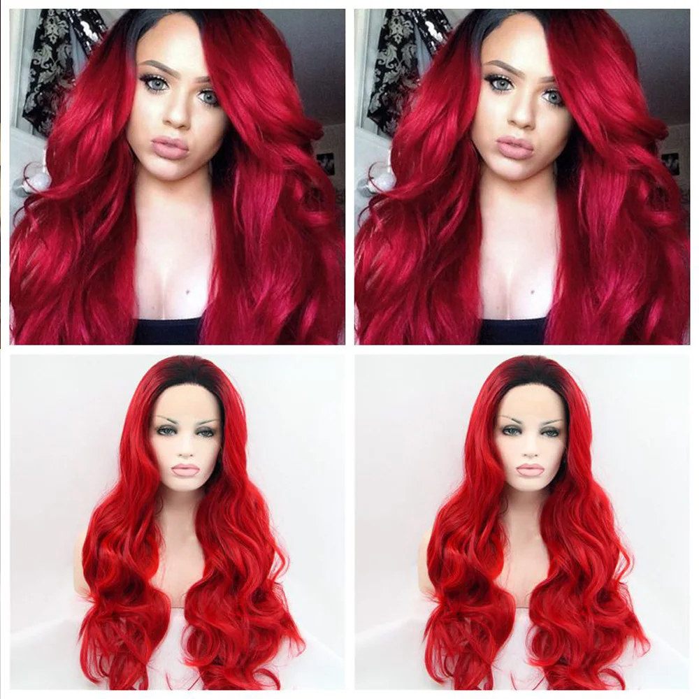 

Long 26" Red Body Wave with Dark Roots TwoTone Synthetic Lace Front Wig Heat Resistant Replacement For Women Daily Wear Cosplay