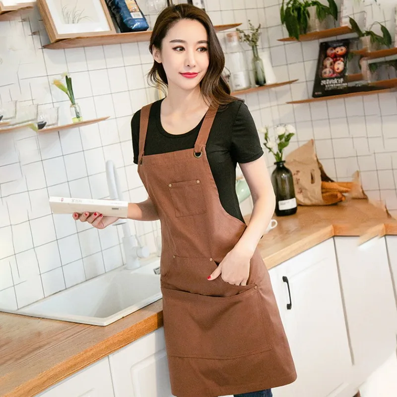 

Fashion Apron Canvas Pure Color Cotton Waterproof Apron Anti-oil Dirty-resistant Kitchen Apron for Cafe/Restaurant/Gardening
