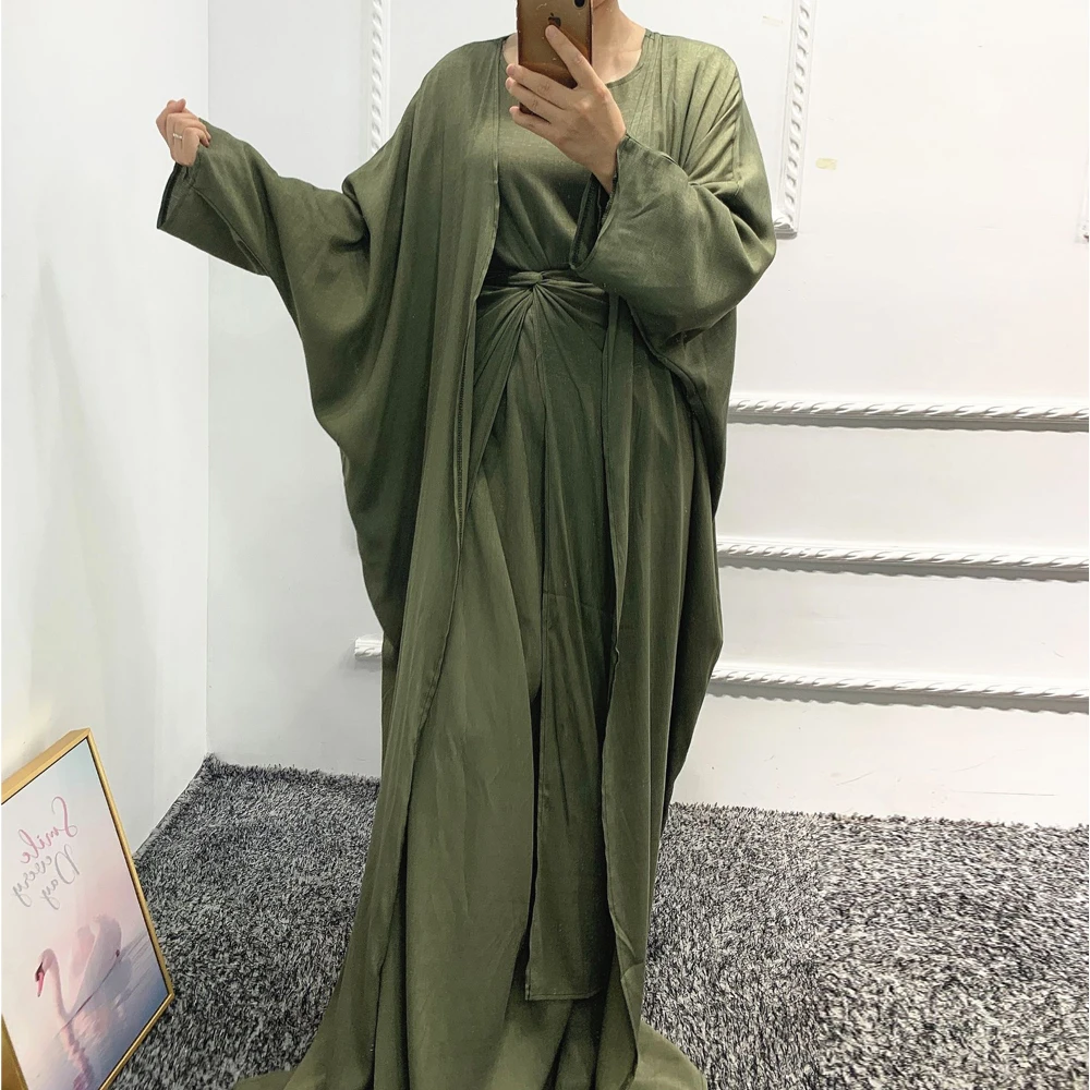 3 Piece Matching Set Women Muslim Linene Dubai Arabic Modest Outfit Plain Kimono Open Abaya Maxi Dress Wrap Front Skirt Long Eid
