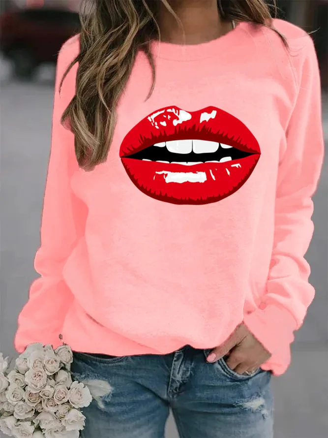 

Red Lip Printed Hoodies Women Fleece Long Sleeve O Neck Loose Sweatshirt Girls Women Hoodie Pullovers Winter Autumn