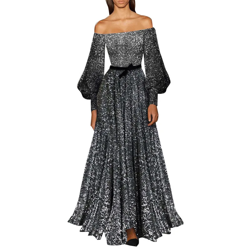 

Mandylandy Women's Elegant Slim Fit Dress Spring and Autumn Sexy Patchwork Long Sleeve Slash Neck High Waist Banquet Dress