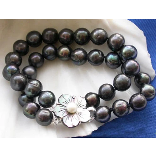 

Unique Pearls jewellery Store 2row 10mm Black Round Freshwater Cultured Pearl Bracelet Shell Flower Lock Fine Jewelry Women Gift