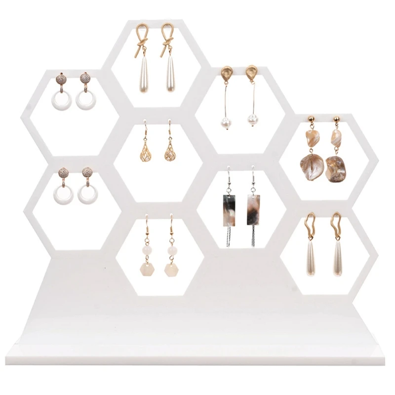 

Natural Wood White Honeycomb Jewelry Earrings Necklace Storage Rack Holder Jewelry Display Stand Up to Hold 9 Earrings